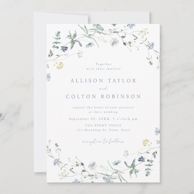Convite Dusty Blue Wildflower Rustic Boho Foto de Casament (Frente)