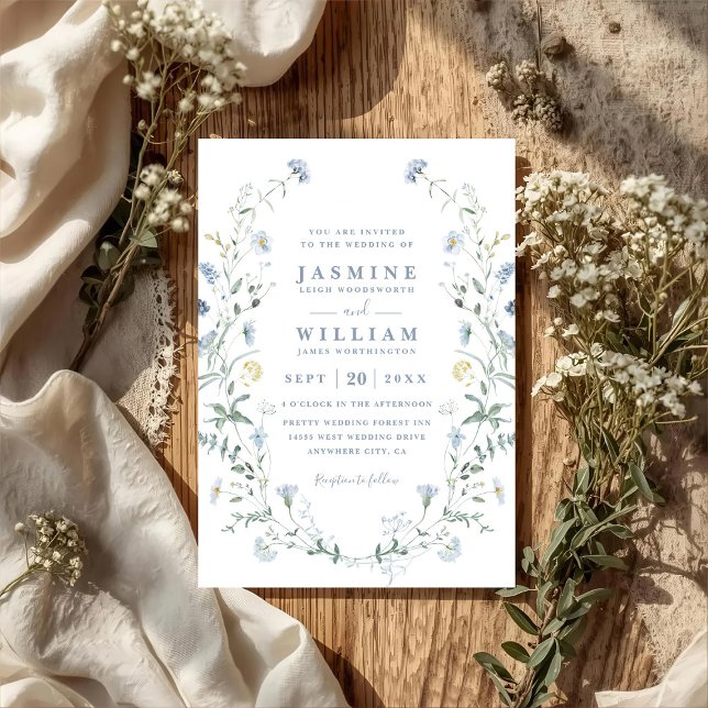 Convite Dusty Blue Wildflower Rustic Boho QR Code Wedding (Criador carregado)