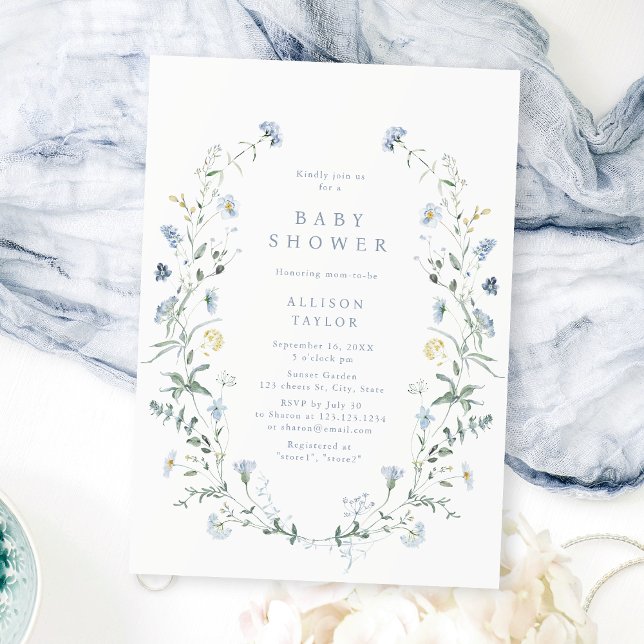Convite Dusty Blue Wildflower Rustic Chá de fraldas (Dusty Blue Wildflower Rustic Boho Baby Shower Invitation)