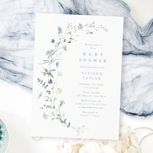 Convite Dusty Blue Wildflower Rustic Chá de fraldas (Dusty Blue Wildflower Rustic Boho Baby Shower Invitation)