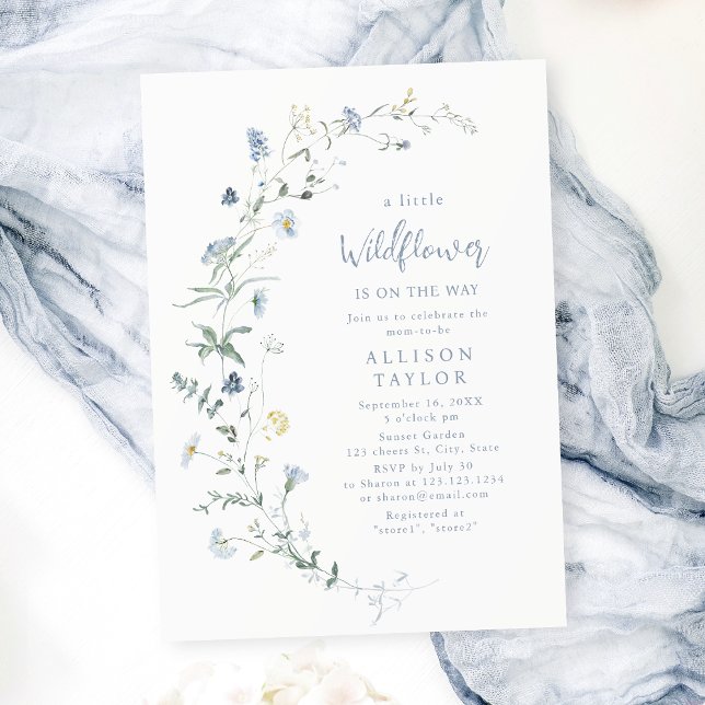 Convite Dusty Blue Wildflower Rustic Chá de fraldas (Dusty Blue Wildflower Rustic Boho Baby Shower Invitation)