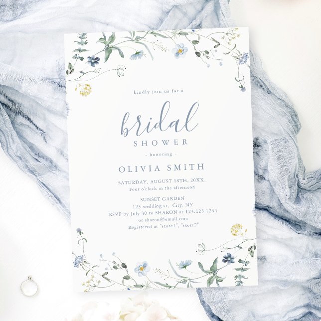 Convite Dusty Blue Wildflower Rustic Chá de panela (Dusty Blue Wildflower Rustic Boho Bridal Shower Invitation)