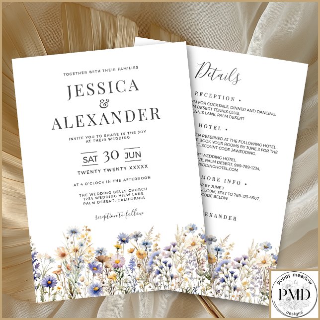 Convite Dusty Blue Wildflower Tudo Em Um Casamento Elegant (Dusty Blue Wildflowers All In One Wedding Invitation with Details, Reception, Hotel and RSVP on Back)