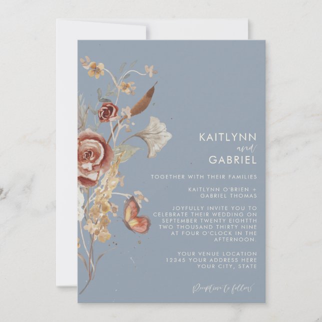 Convite Dusty Blue Wildflower Watercolor Casamento (Frente)