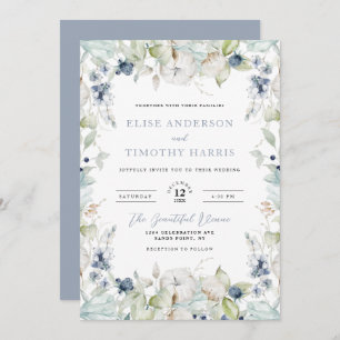 Convite Dusty Blue Winter Floral Frame Weding