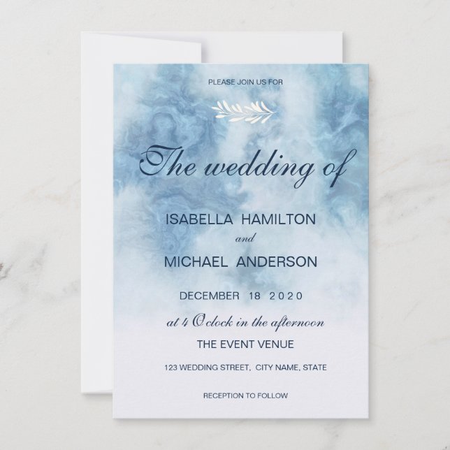 Convite Dusty Blue Winter Script Calliografia White Branch (Frente)