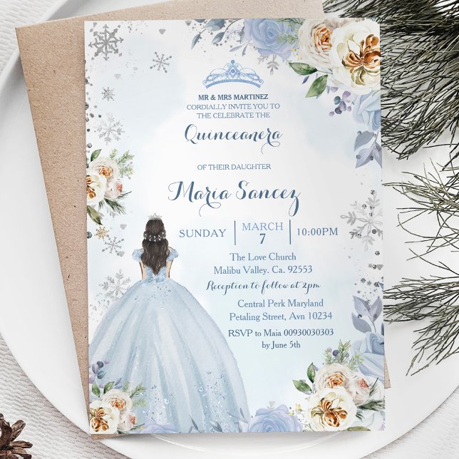 Convite Dusty Blue Winter Season Floral Mis Quince Invite (Criador carregado)
