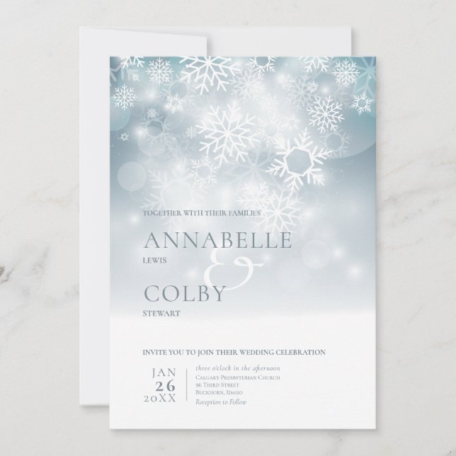 Convite Dusty Blue Winter Snow Modern Wedding (Frente)