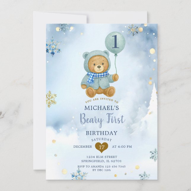 Convite Dusty Blue Winter Snowflake Beary Primeiro Anivers (Frente)