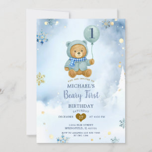 Convite Dusty Blue Winter Snowflake Beary Primeiro Anivers
