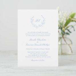 Convite Dusty Blue Wreath Monograma Casamento Elegante