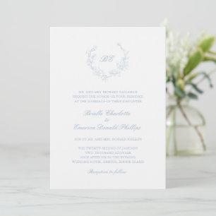 Convite Dusty Blue Wreath Monograma Casamento Elegante