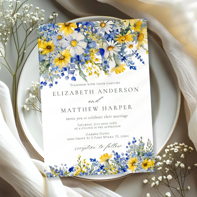 Convite Dusty Blue Yellow Daisy Wildflowers Boho Wedding (Criador carregado)