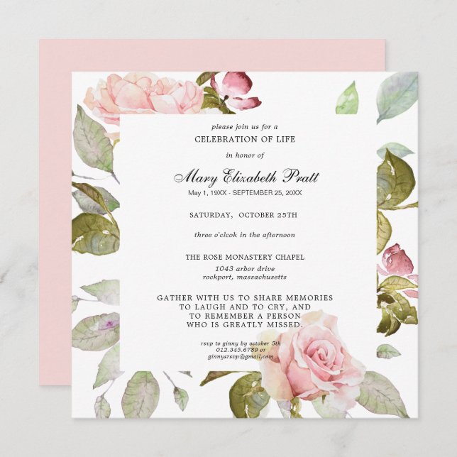 Convite Dusty Blush Celebração Floral Rosa de Vida Invita (Frente/Verso)