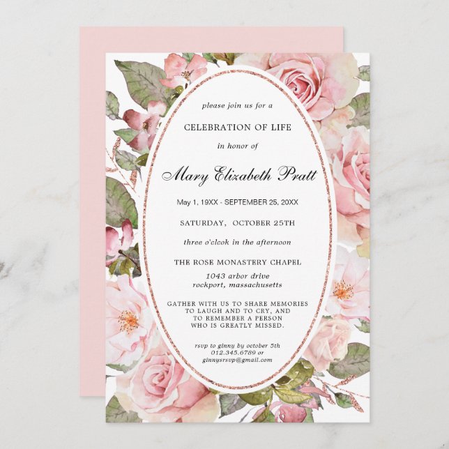 Convite Dusty Blush Celebração Floral Rosa de Vida Invita (Frente/Verso)