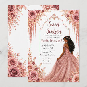Convite Dusty Blush Rosa e Floral Dourado Sweet Sixteen