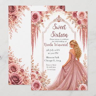 Convite Dusty Blush Rosa e Floral Dourado Sweet Sixteen