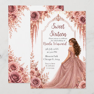 Convite Dusty Blush Rosa e Floral Dourado Sweet Sixteen