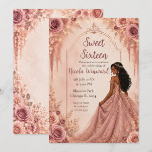 Convite Dusty Blush Rosa e Floral Dourado Sweet Sixteen