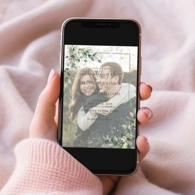 Convite Dusty Botanical Greenery Dourado Foto Vellum Casam (Criador carregado)