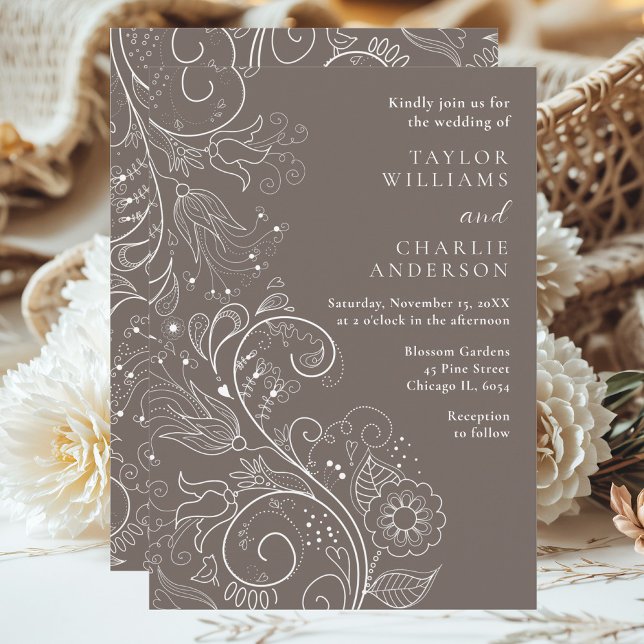 Convite Dusty Brown Elegant Floral Wedding (Criador carregado)