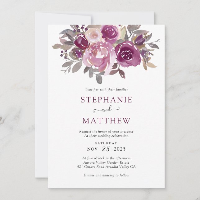 Convite Dusty Burgundy Blush Casamento Botânico (Frente)