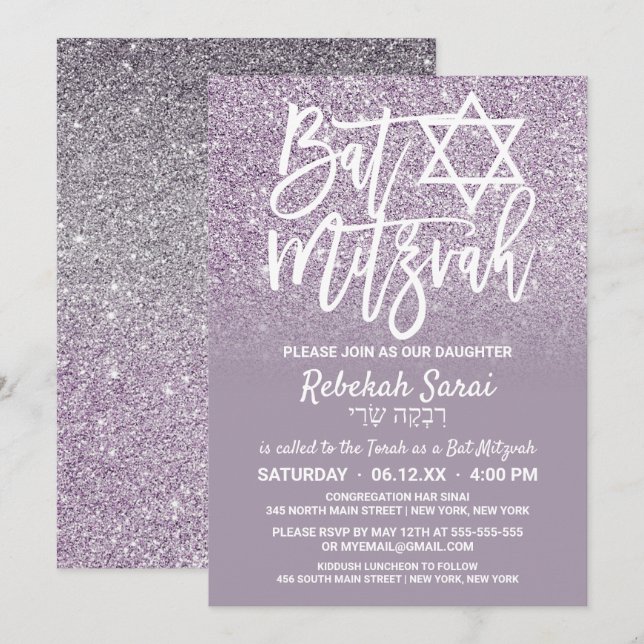 Convite Dusty Cinza Roxa Faux Glitter Ombre Bat Mitzvah (Frente/Verso)