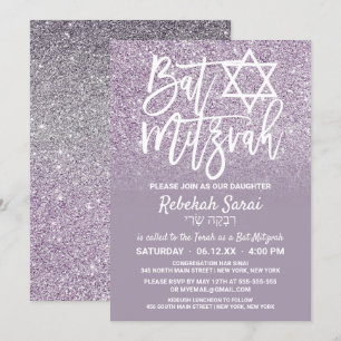 Convite Dusty Cinza Roxa Faux Glitter Ombre Bat Mitzvah