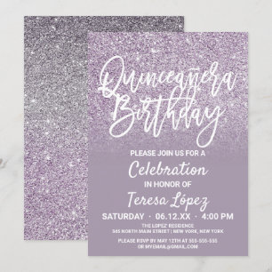 Convite Dusty Cinza Roxa Faux Glitter Ombre Quinceañera