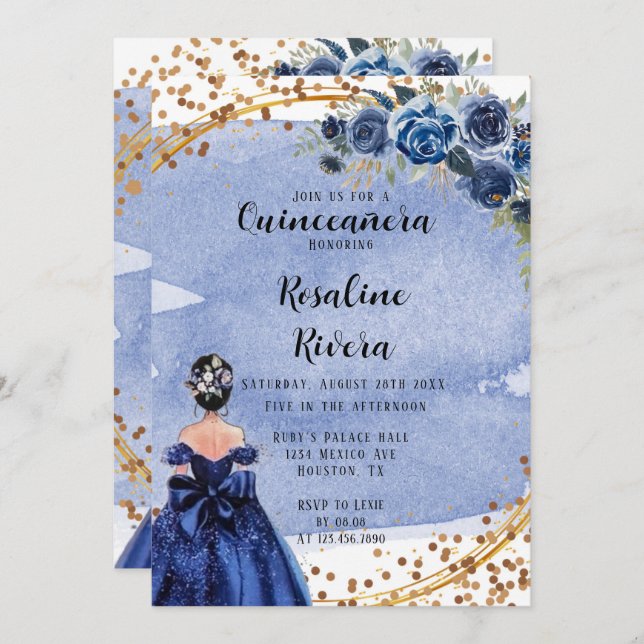 Convite Dusty e Marinho Dourada Garota Quinceanera Anivers (Frente/Verso)