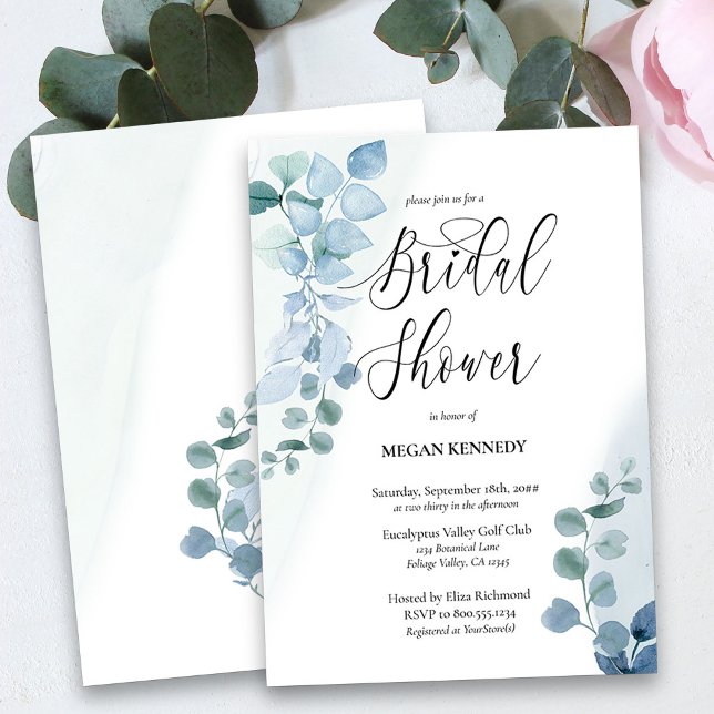 Convite Dusty Eucalyptus Elegante Chá de panela verde (Watercolor Bridal Shower Invitation with Dusty Blue Eucalyptus)