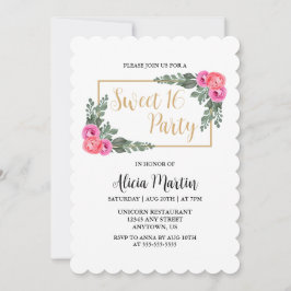 Convite Dusty Flora Rosa Rosa Greenery Dourado Sweet 16