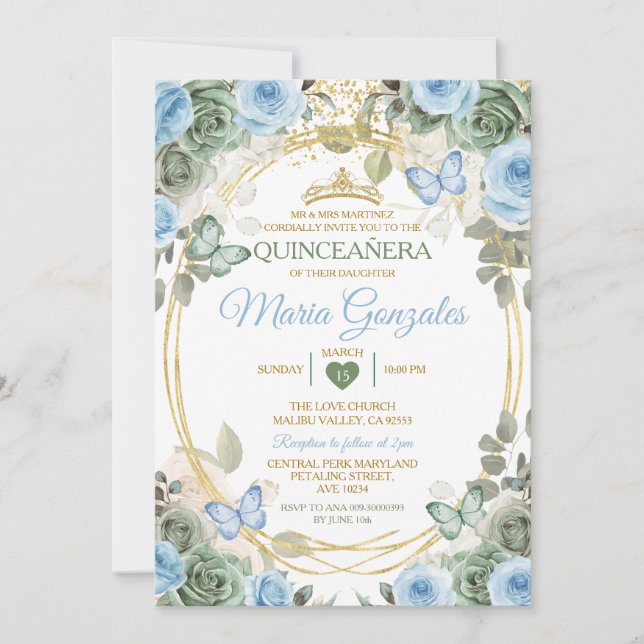 Convite Dusty Green And Dusty Blue Floral Gold Quinceañera (Frente)