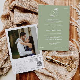Convite Dusty Green Floral Wedding Crest Código QR Foto