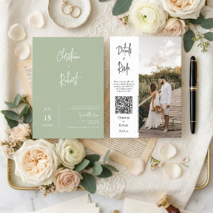 Convite Dusty Green Minimalista Boho Foto de Casamento QR