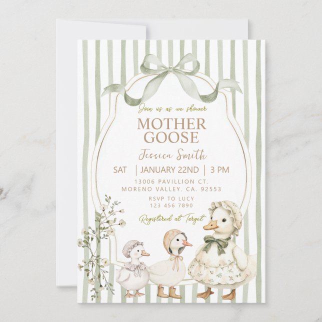 Convite Dusty Green Mother Goose and Gosling Baby Shower (Frente)