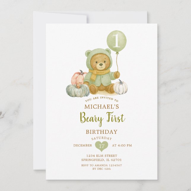 Convite Dusty Green Sage Fall Beary Primeiro Aniversário (Frente)