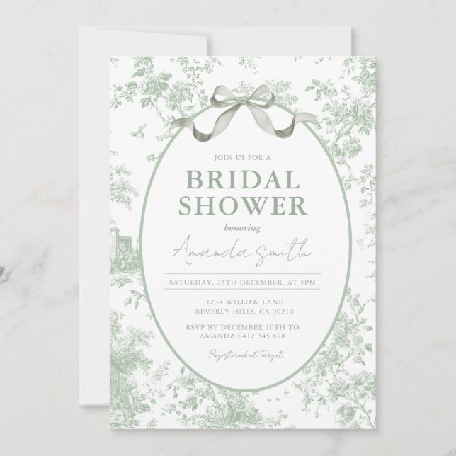 Convite Dusty Green Sage Floral Toile Bridal Shower (Frente)