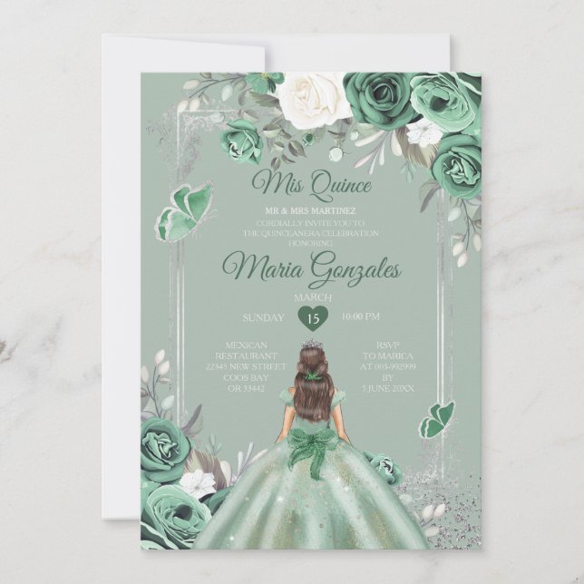 Convite Dusty Green Silver Mis Quince 15 Anos (Frente)