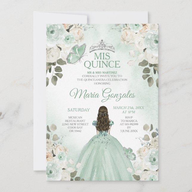 Convite Dusty Green & Silver Mis Quince Floral Quinceañera (Frente)