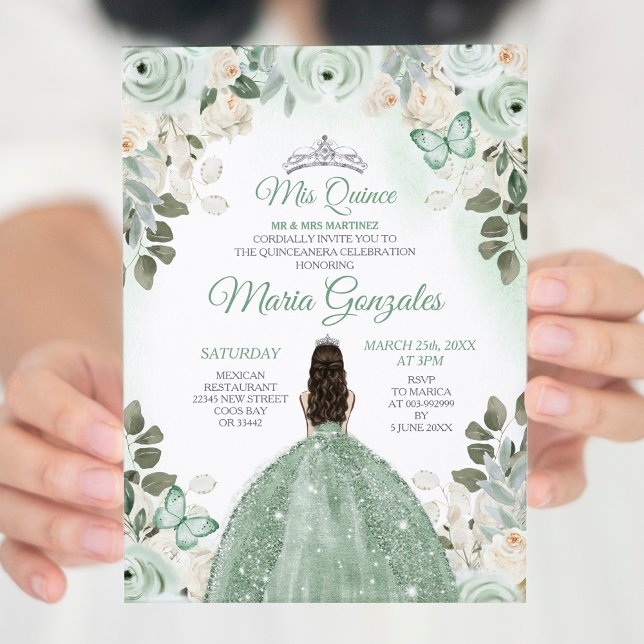 Convite Dusty Green & Silver Mis Quince Floral Quinceañera (Criador carregado)