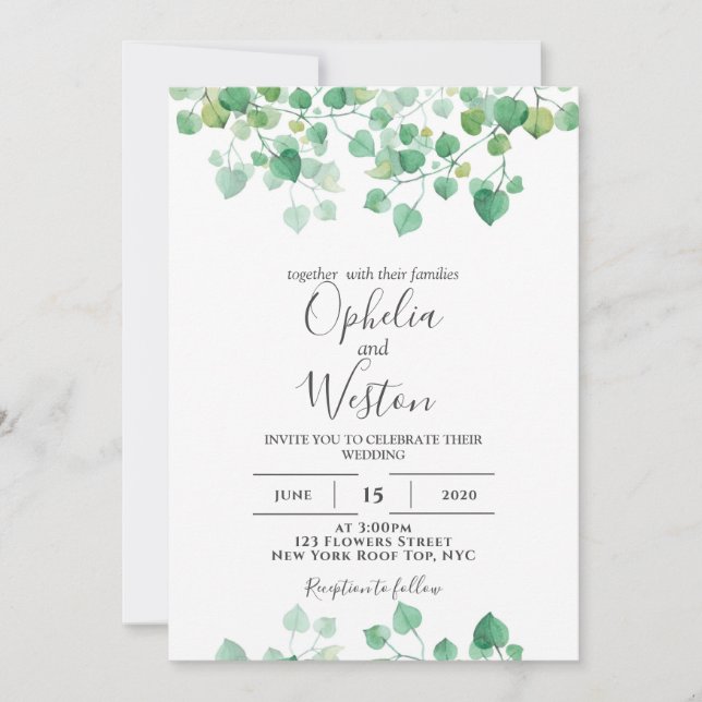 Convite Dusty Leaf Greenery Modern Wedding (Frente)