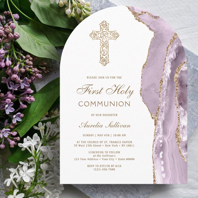 Convite Dusty Lilac Agate First Communion Invitation (Criador carregado)
