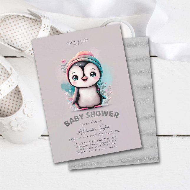 Convite Dusty Lilac Cute Penguin Winter Girl Chá de fralda (penguin baby shower invitation girl cute sweet adorable character watercolor winter cold outside)