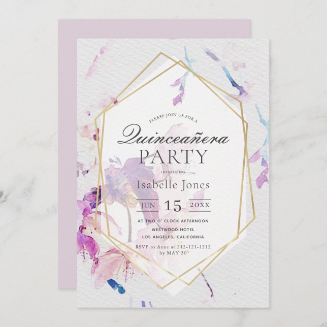 Convite Dusty Lilac Watercolor Quinceañera Floral (Frente/Verso)