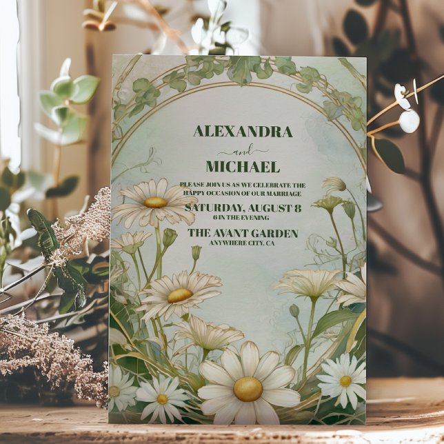 Convite Dusty Marguerite Daisy Wedding Art Nouveau (Criador carregado)