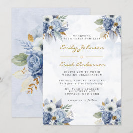Convite Dusty Marinho Azul Dourado Aquarela Casamento Chic