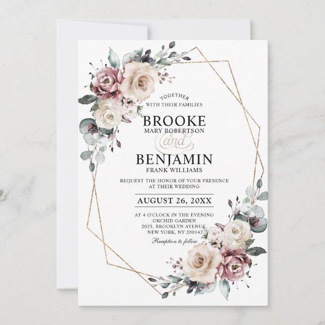 Convite Dusty Mauve Eucalyptus Geométrico Wedding Invitati (Frente)