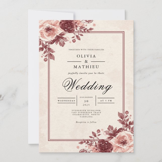 Convite Dusty Mauve Floral Frame Wedding (Frente)