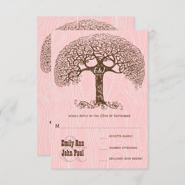 Convite Dusty Millennium Pink Tree Barnwood Casamento RSVP (Frente/Verso)